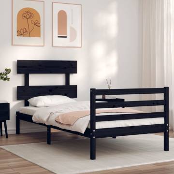 Black Small Single Bed Frame with Headboard - Solid Wood