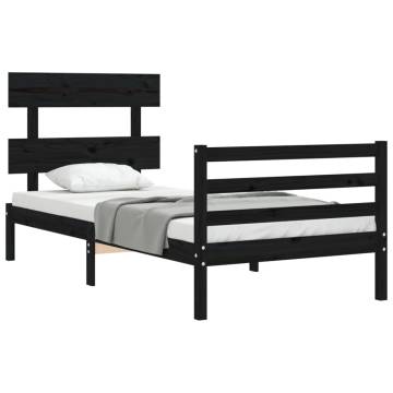 Black Small Single Bed Frame with Headboard - Solid Wood