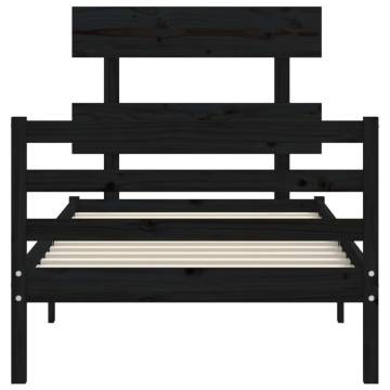 Black Small Single Bed Frame with Headboard - Solid Wood