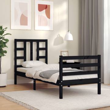 Black Small Single Bed Frame with Headboard - Solid Wood