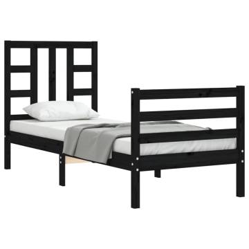 Black Small Single Bed Frame with Headboard - Solid Wood