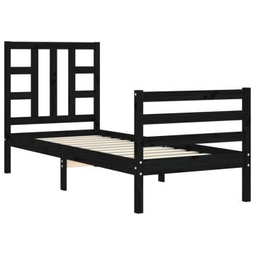 Black Small Single Bed Frame with Headboard - Solid Wood