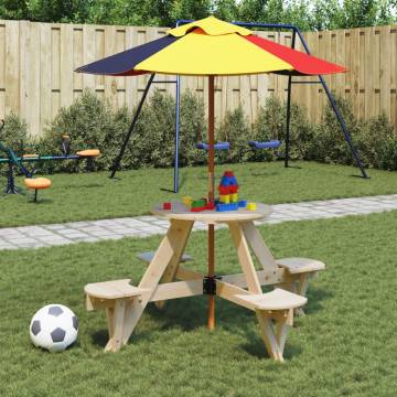 Kids Picnic Table with Umbrella - Solid Wood Fun for 4