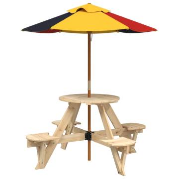 Kids Picnic Table with Umbrella - Solid Wood Fun for 4