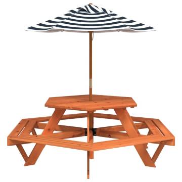 Hexagon Picnic Table for 6 Kids with Umbrella - Solid Fir Wood