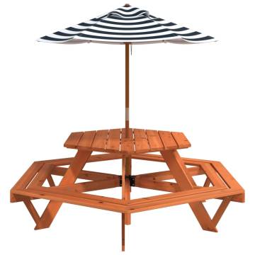 Hexagon Picnic Table for 6 Kids with Umbrella - Solid Fir Wood