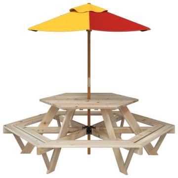 Hexagon Picnic Table for Kids with Umbrella - Solid Wood