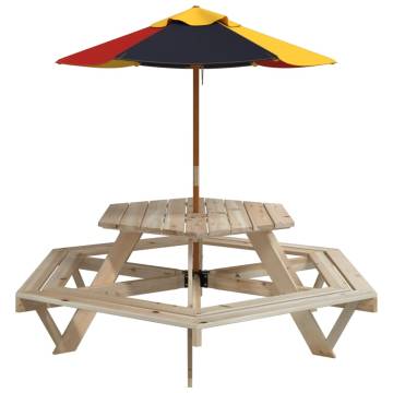 Hexagon Picnic Table for Kids with Umbrella - Solid Wood