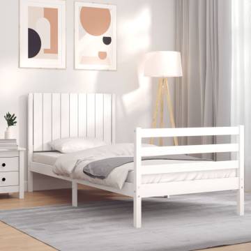 White Bed Frame with Headboard - 90x200 cm Solid Wood