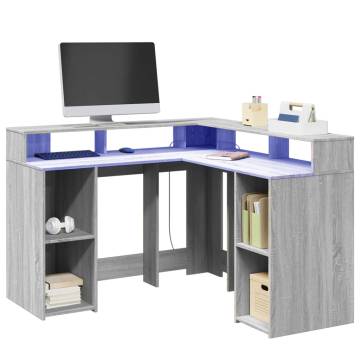 Desk with LED Lights Grey Sonoma - Stylish & Organised Workspace