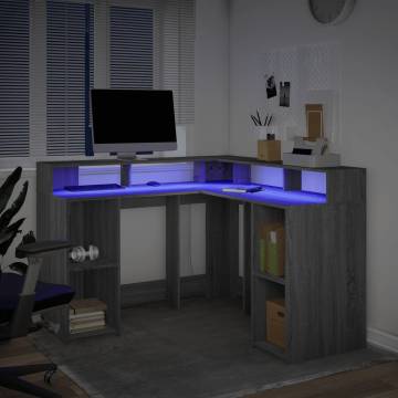 Desk with LED Lights Grey Sonoma - Stylish & Organised Workspace