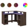 Stylish Brown Oak Desk with LED Lights - 130x130 cm