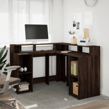 Stylish Brown Oak Desk with LED Lights - 130x130 cm