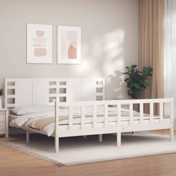 White Bed Frame with Headboard 200x200 cm - Solid Wood