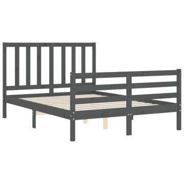 Grey Double Bed Frame with Headboard - Solid Pinewood | HipoMarket