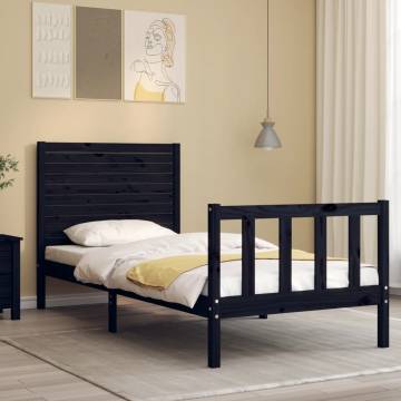 Solid Wood Black Bed Frame with Headboard - 90x200 cm