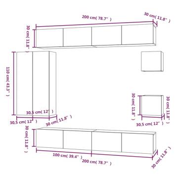 8 Piece Brown Oak TV Cabinet Set - Stylish Storage Solution