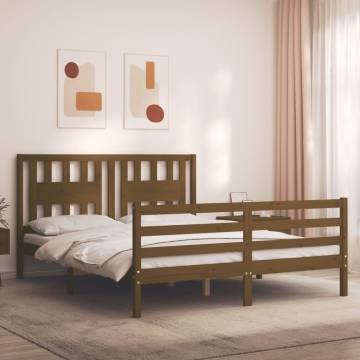 Honey Brown King Size Bed Frame with Headboard - Solid Wood