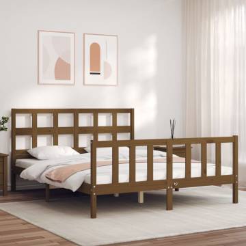 Honey Brown King Size Bed Frame with Headboard - Solid Wood