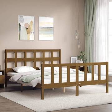 Honey Brown King Size Bed Frame with Headboard - Solid Wood