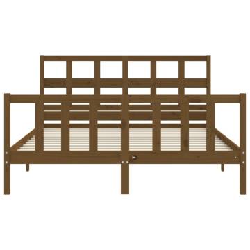 Honey Brown King Size Bed Frame with Headboard - Solid Wood