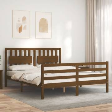 Honey Brown King Size Bed Frame with Headboard - Solid Wood