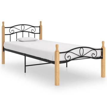 Black Metal & Solid Oak Bed Frame 90x200 cm - Stylish Comfort