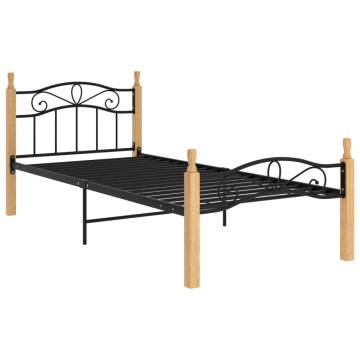 Black Metal & Solid Oak Bed Frame 90x200 cm - Stylish Comfort