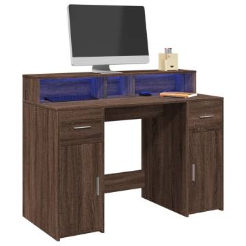 Desk with LED Lights Brown Oak - Stylish & Organized Workspace