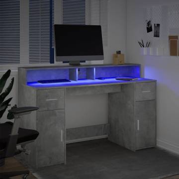 LED Desk with Storage in Concrete Grey - 140x55 cm