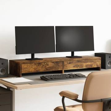 Dual Monitor Stand with Drawers - Smoked Oak | HipoMarket UK