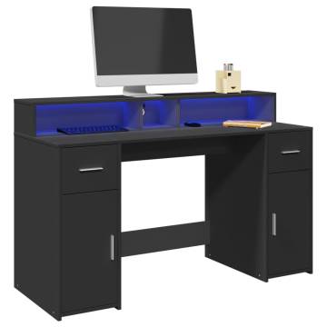 Desk with LED Lights - Black Engineered Wood 140x55x91cm