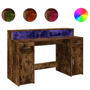 Stylish Desk with LED Lights in Smoked Oak - 140x55 cm