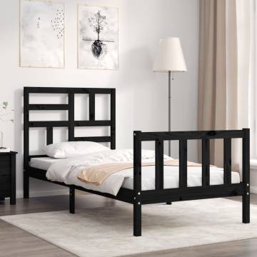 Black Bed Frame with Headboard - 90x200 cm Solid Wood