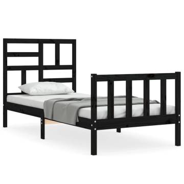 Black Bed Frame with Headboard - 90x200 cm Solid Wood