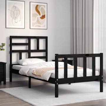 Black Bed Frame with Headboard - 90x200 cm Solid Wood