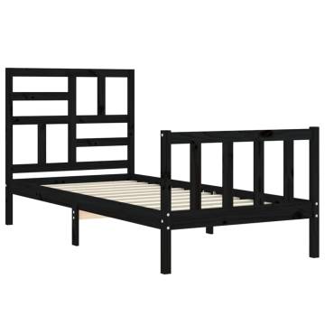 Black Bed Frame with Headboard - 90x200 cm Solid Wood