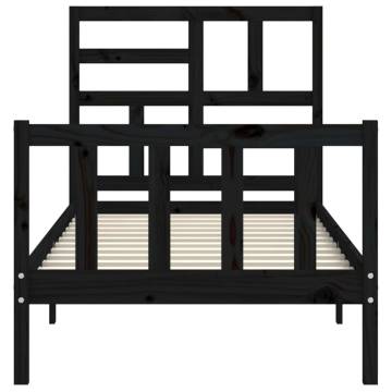 Black Bed Frame with Headboard - 90x200 cm Solid Wood