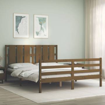 Honey Brown King Size Solid Wood Bed Frame with Headboard