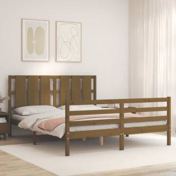 Honey Brown King Size Solid Wood Bed Frame with Headboard