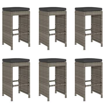 Garden Bar Stools Set - 6pcs Grey Poly Rattan with Cushions