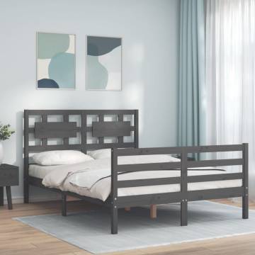 Grey Bed Frame with Headboard - Solid Wood 140x190 cm