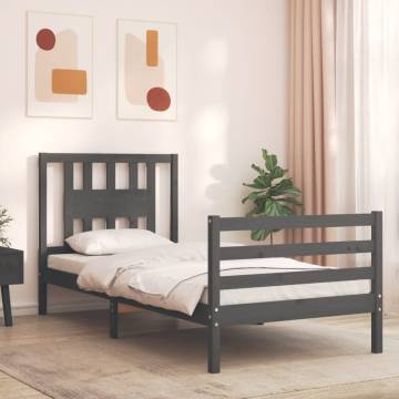 Grey Bed Frame with Headboard 90x200 cm - Solid Wood