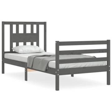 Grey Bed Frame with Headboard 90x200 cm - Solid Wood