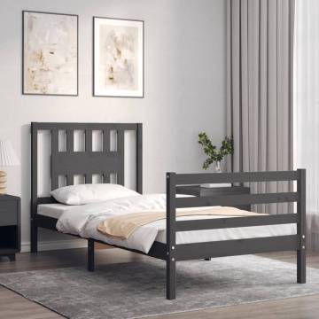 Grey Bed Frame with Headboard 90x200 cm - Solid Wood