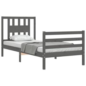 Grey Bed Frame with Headboard 90x200 cm - Solid Wood