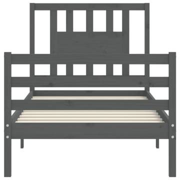 Grey Bed Frame with Headboard 90x200 cm - Solid Wood