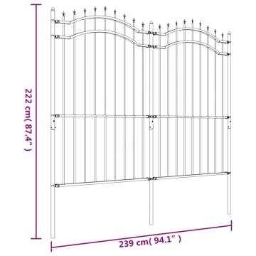 Garden Fence with Spear Top Black - 222 cm Powder-coated Steel