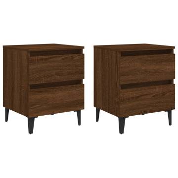 Chic Brown Oak Bed Cabinets with Metal Legs - 2 Pcs