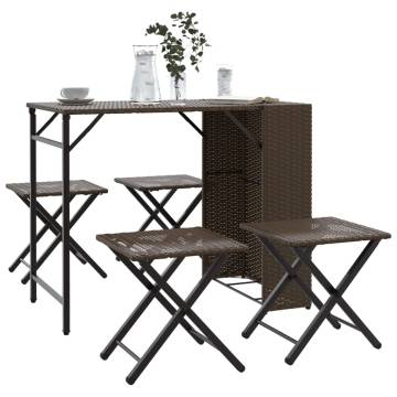 5 Piece Foldable Garden Dining Set - Brown Poly Rattan